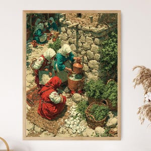 May include: A framed print of a vintage painting depicting women in traditional clothing. The women are gathered near a stone wall, interacting with copper pots and baskets. The color palette includes reds, blues, and greens, creating a rustic and historical scene.