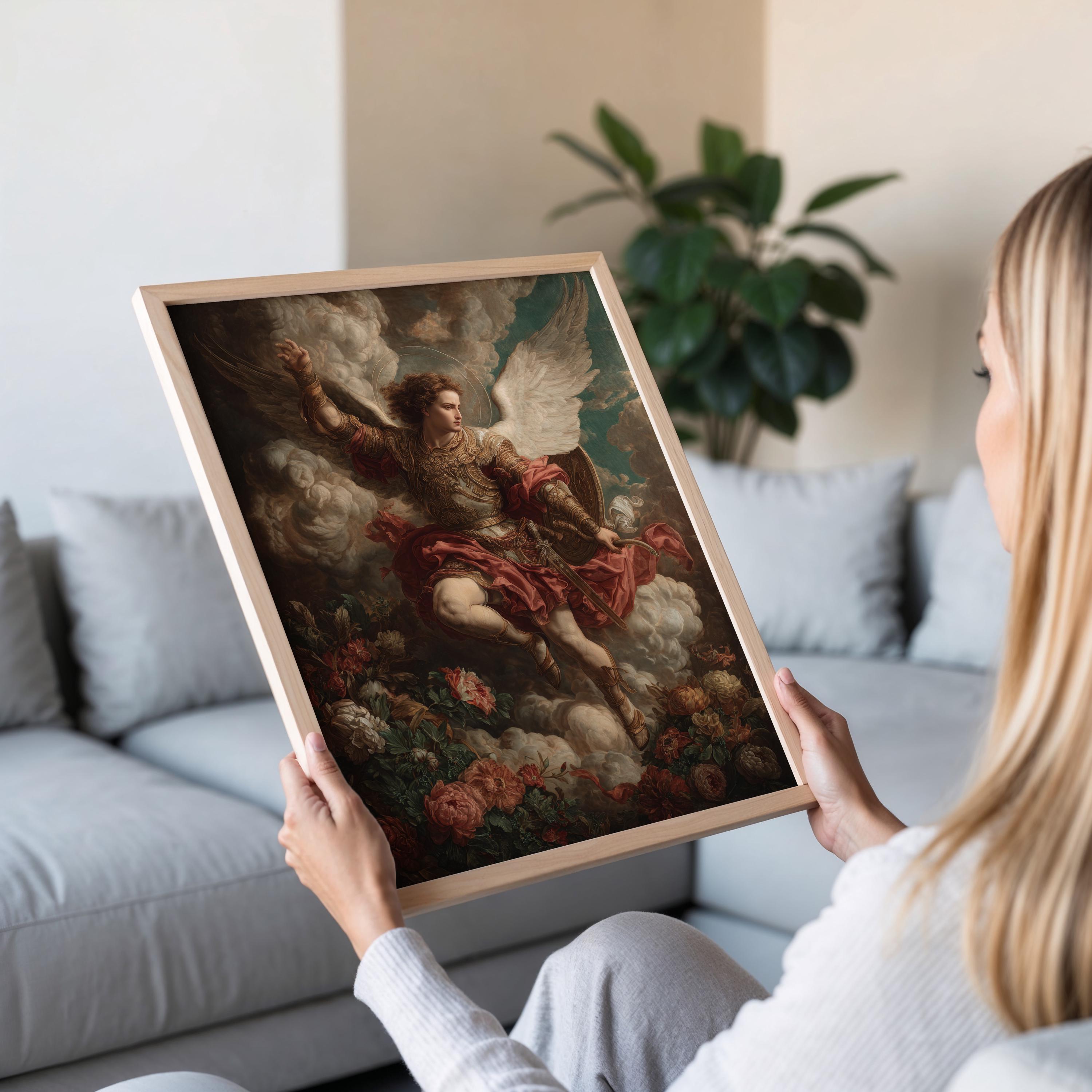 Saint Michael Art Print: Archangel in Heavenly Clouds, Golden Armor ...