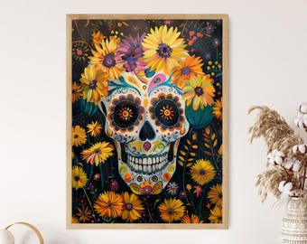 Dia de los Muertos アートプリント、鮮やかなスカルホーム