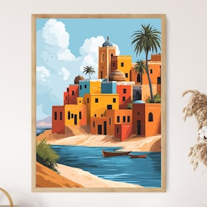 May include: A colourful illustration of a cityscape with buildings in shades of yellow, orange, red, and blue. The buildings are clustered together and have a variety of architectural styles. There is a palm tree in the foreground and a body of water in the background.