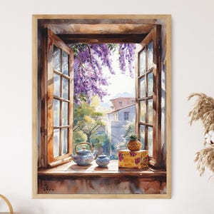 May include: Watercolor painting of an open window with a view of a garden and buildings. A teapot, sugar bowl, and pineapple sit on the windowsill. The window frame is brown, and the scene is filled with purple flowers and greenery.