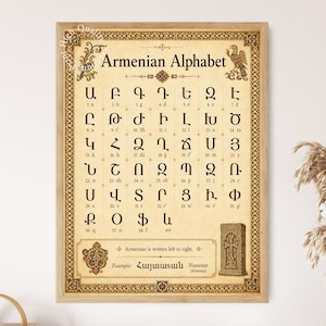 May include: A framed educational poster displaying the Armenian Alphabet with 38 letters, each paired with a number and phonetic equivalent. The design features a beige background, decorative borders, an eagle illustration, and a khachkar stone carving.
