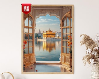 Amritsar, Punjab, gravura artística, Templo Dourado e janelas de calêndula
