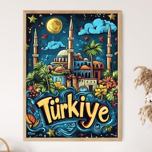 Illustration turque vibrante, art unique en souvenir de la Turquie, décoration murale colorée d&#39;Istanbul, affiche de la culture turque