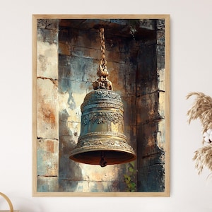 May include: A large, ornate, gold and blue bell hangs from a chain in front of a weathered stone wall. The bell has intricate details and a rounded shape.