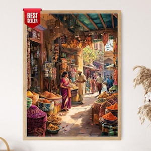 Indian Spice Market, Giclee Art Print, Sari Stalls and Henna
