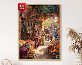 Indian Spice Market, Giclee Art Print, Sari Stalls and Henna