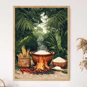 May include: A framed print depicts a cooking scene in a lush jungle setting. A large pot of rice sits over a fire, with a basket of rice and a basket of noodles nearby. Red chili peppers and garlic are in the foreground.