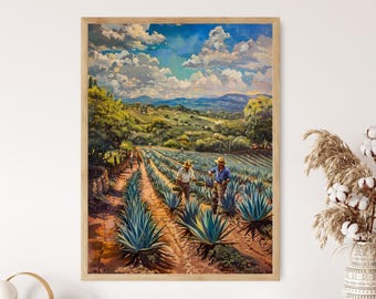 メキシコの柑橘園のアート、農民がオレンジを収穫する絵画、緑豊かな