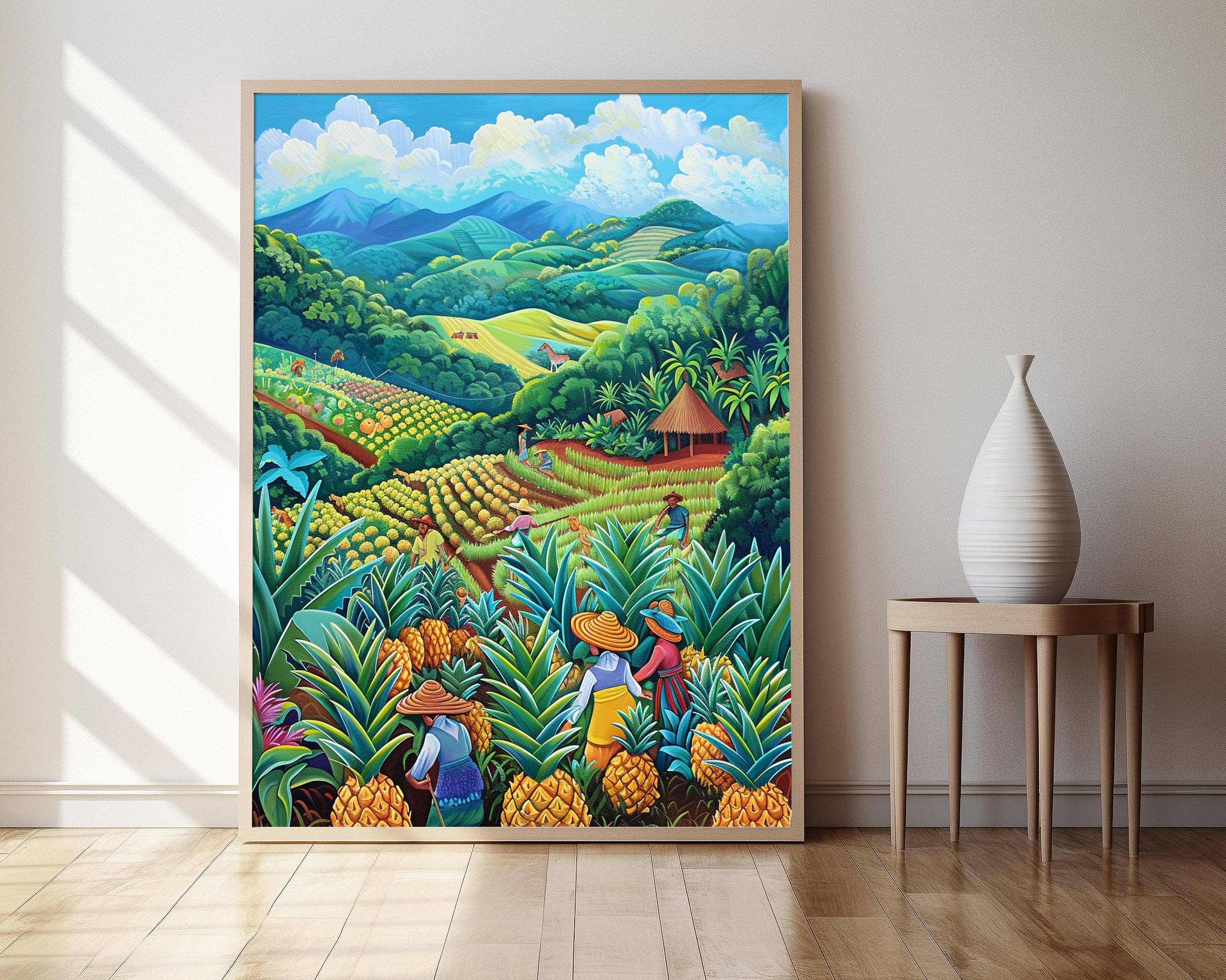 コスタリカのパイナップル農園の絵画、パイナップルを収穫する農民