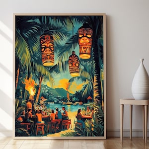 May include: A framed art print depicting a tropical scene with a bar, tiki torches, and hanging tiki lanterns. The artwork features a vibrant color palette of blues, greens, and oranges, creating a lively atmosphere. Palm trees frame the scene.