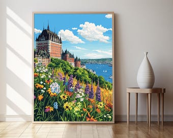 May include: A painting of a red brick castle with a view of a blue body of water and a field of colorful flowers in the foreground.