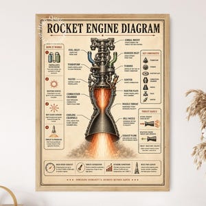 May include: A framed educational poster titled ROCKET ENGINE DIAGRAM featuring a central illustration of a rocket engine with a bright orange exhaust plume. The print includes technical labels, component lists, and diagrams explaining thrust.