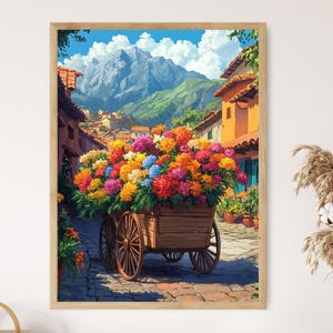 Peruanischer Bauernhof Dekor, rustikaler Holzwagen mit Blumen Kunstdruck