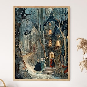 May include: A watercolor painting of a stone house with a pointed roof in a dark forest. The house has windows with glowing light inside. There are people in front of the house, some wearing cloaks and hats.