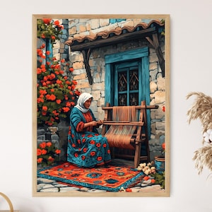 May include: A woman in a headscarf sits in front of a loom, weaving a colorful tapestry. She is wearing a blue and red dress and is surrounded by a lush green garden. The scene is set in front of a stone building with a blue door.