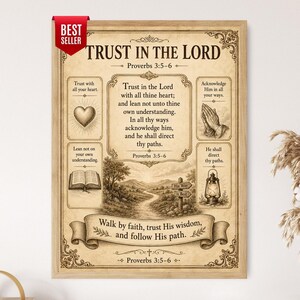 Könnte beinhalten: Ein rechteckiger Wandkunstdruck in einem hellen Holzrahmen mit dem Text Trust in the Lord und Proverbs 3:5-6. Das Design enthält eine zentrale Landschaftsillustration mit einem Pfad, einem Herz, betenden Händen, einem Buch und einer Laterne.