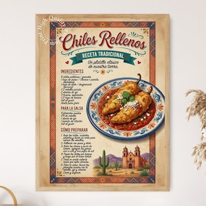 Peut inclure: Une affiche murale encadrée présentant une recette de Chiles Rellenos avec du texte en espagnol, une illustration centrale de deux piments frits sur une assiette décorative et un paysage désertique avec un cactus et un bâtiment.