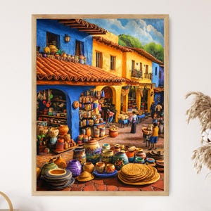 May include: A framed painting shows a lively marketplace. Buildings with orange tiled roofs and blue and yellow walls are visible. The scene is filled with pottery, baskets, and people. The artwork is colourful and detailed, capturing the essence of a bustling market.
