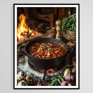 Ungerskt konsttryck med gulasch, traditionell gulyás, gjutjärnsgryta, kulinariskt arv