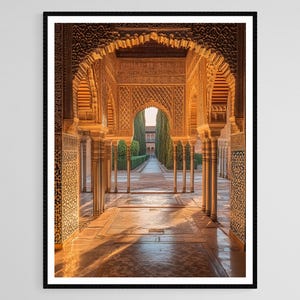 May include: A view through a series of intricately carved arches in a golden-hued building, leading to a courtyard with lush greenery and a pathway.