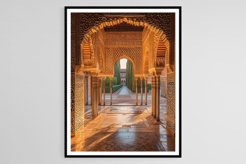 May include: A view through a series of intricately carved arches in a golden-hued building, leading to a courtyard with lush greenery and a pathway.