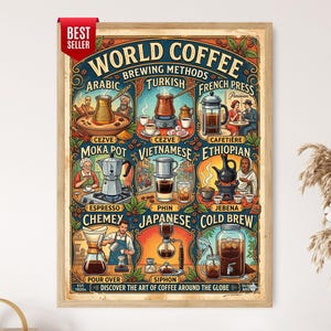 May include: A rectangular wall poster titled World Coffee Brewing Methods featuring nine illustrated panels. Each section displays a specific coffee preparation style, including Arabic, Turkish, French Press, Moka Pot, Vietnamese, Ethiopian, Chemex, Japanese, and Cold Brew, with detailed colorful graphics and descriptive text labels for each method.