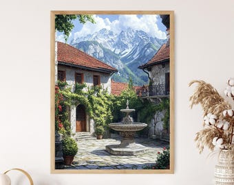 Puede incluir: Una impresión enmarcada de una escena de un pueblo europeo. La obra de arte representa edificios con tejados de tejas rojas, una fuente de piedra y una cordillera en el fondo. La exuberante vegetación y las flores añaden color. La impresión está en un marco de madera.