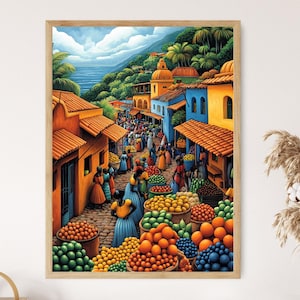 Tanzania Marketplace Illustration, Colorful Farm Market Painting, African Fruit Art, Wall Art for Kitchen, African Restaurant Decor