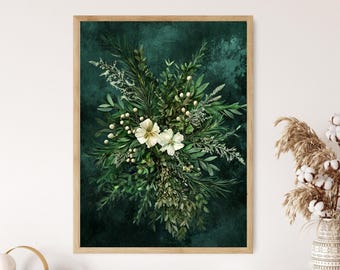 Stimmungsvoller Grüner Blumenstrauß-Kunstdruck, dunkle botanische Wanddekoration