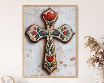 Hungarian Folk Tulip Painted Wooden Cross Fine Art Print