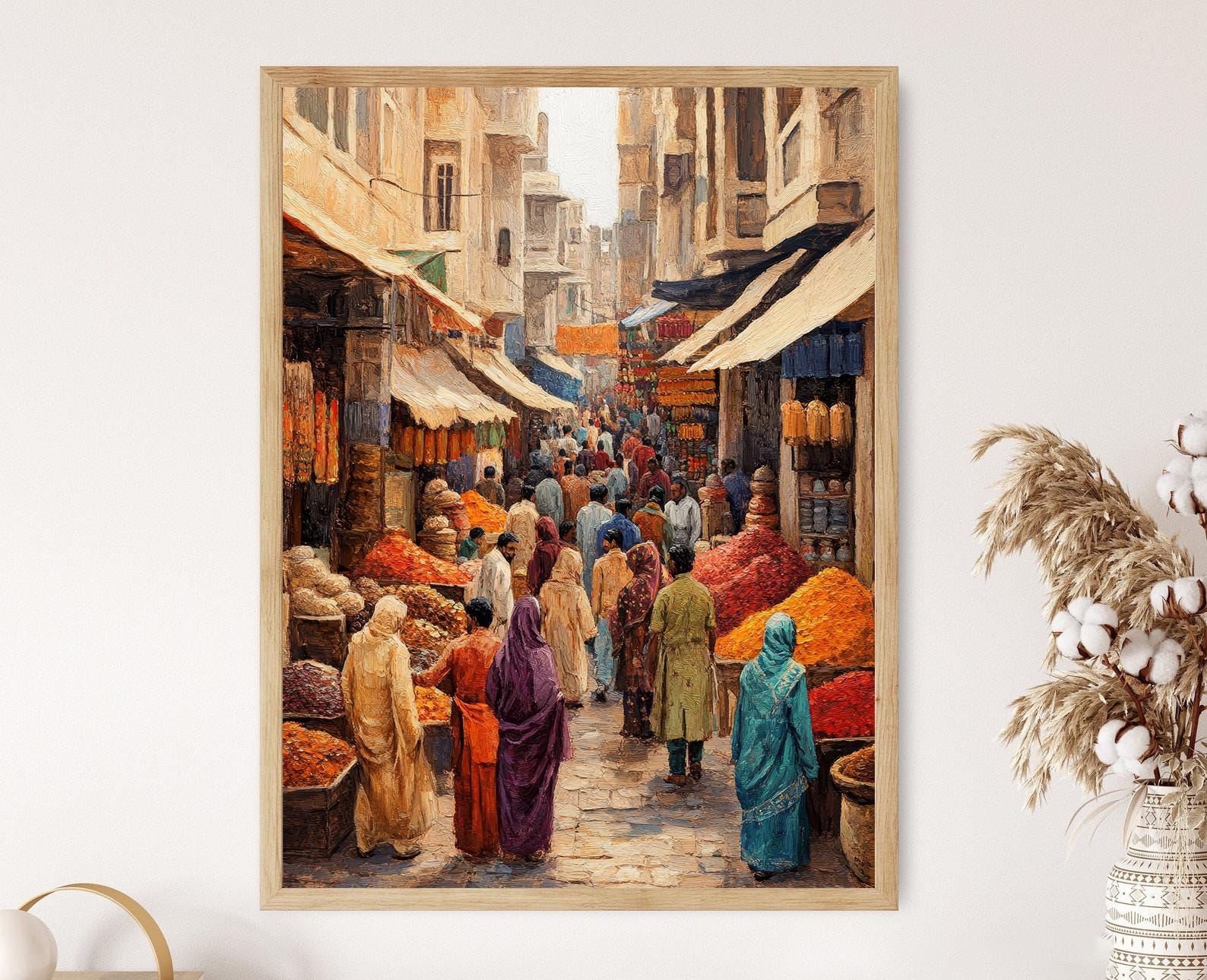 Punjabi Bazaar Art Print, Vibrant Textiles, Spices, Handmade Crafts, Punjab India