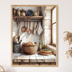 May include: A rustic kitchen scene with a wooden shelf filled with pottery and utensils. A basket of bread sits on a stone countertop next to a window with a view of a sunny day.