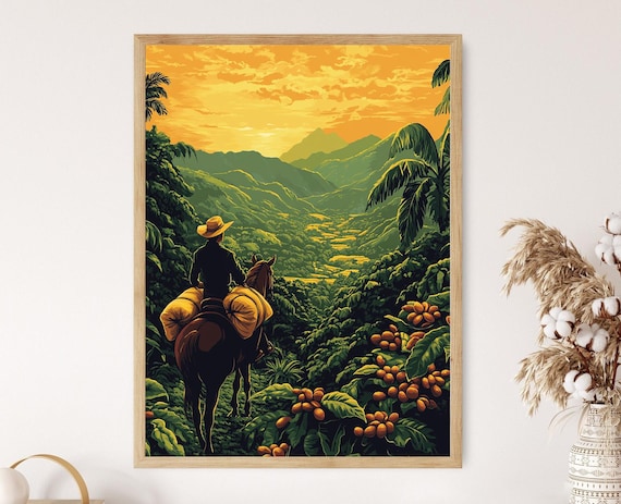 馬に乗ったエルサルバドルの農夫のイラスト、コーヒー畑のアート