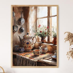 May include: A painting of a still life featuring a teapot and teacups on a table with a window in the background. The teapot is decorated with floral patterns in blue, red, and gold. The teacups are white with blue and gold accents. The window is open and there are flowers in pots on the windowsill.