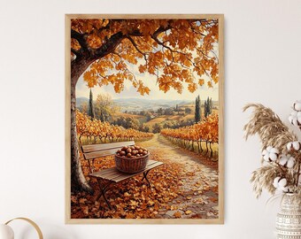 May include: A framed print of a vineyard scene in autumn. The artwork depicts a bench with a basket of fruit, a path, and rows of grapevines in shades of orange and yellow. The sky is a soft blue, and the overall scene evokes a sense of warmth.