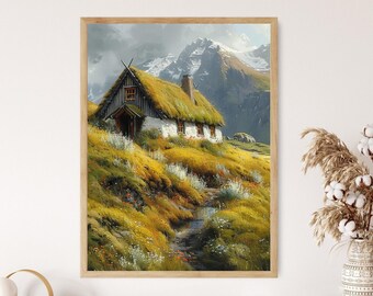 Casa islandese in torba con dolci colline e montagne Piccola stampa