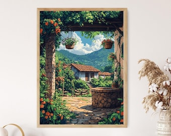 Honduras Stone Well With Flowers Art Print, Rustic Farm Decor - Etsy