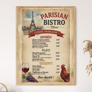 May include: A framed wall art print titled Parisian Bistro Menu featuring a vintage-style illustration of the Eiffel Tower, a rooster, a glass of red wine, and grapes. The menu lists French cuisine dishes with prices in a classic font layout.