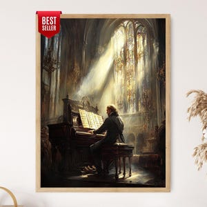May include: A framed wall art print depicting a person playing a dark wood upright piano inside a cathedral. Sunlight streams through tall stained glass windows, illuminating the scene. A red banner in the top left corner reads BEST SELLER.