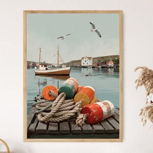 Lofoten Harbor Rope and Buoys, Norwegian Fishing Dock Scene, Coastal Painting, Fine Art Print