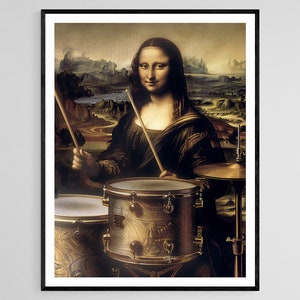 Mona Lisa como baterista, impresión de arte humorístico, decoración de pared única para amantes de la música, regalo peculiar para entusiastas del arte
