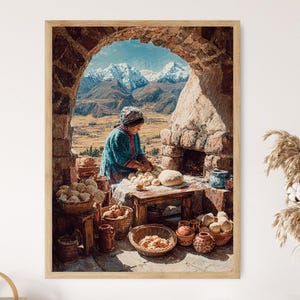 May include: A framed print of a woman baking bread in a stone oven. The scene is set against a backdrop of snow-capped mountains and a vast landscape. Baskets of bread and pottery are visible, creating a rustic, traditional feel.