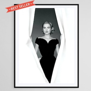 Grace Kelly Behind Curtains Vintage Photo Print – Hollywood Glamour Wall Art, Monochrome Iconic Portrait