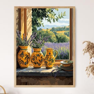 Provencal Pottery Painting, Olive Branch Motifs and Lavender Poster, French Country Ceramic Art Print