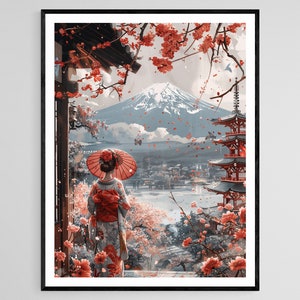 Pintura elegante de gueixa, arte tradicional de quimono japonês com Monte Fuji