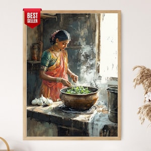 Impressão artística de culinária indiana Dal: ilustração de cozinha rústica