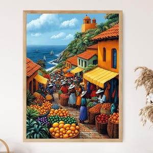 Zimbabwe Marketplace Illustration, Colorful Farm Market Painting, African Fruit Art, Wall Art for Kitchen, African Restaurant Decor
