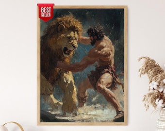 Hercules and Nemean Lion Art Print, Greek Mythology Hero Wall Decor, Powerful Hercules Artwork