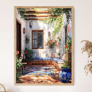 May include: A painting depicting a patio with a white wall, a wooden bench featuring blue and white tiled accents, and a large blue and white ceramic pot. The patio is adorned with a vine bearing green leaves and red flowers. In the background, there is a window with a wooden frame and a wooden door.